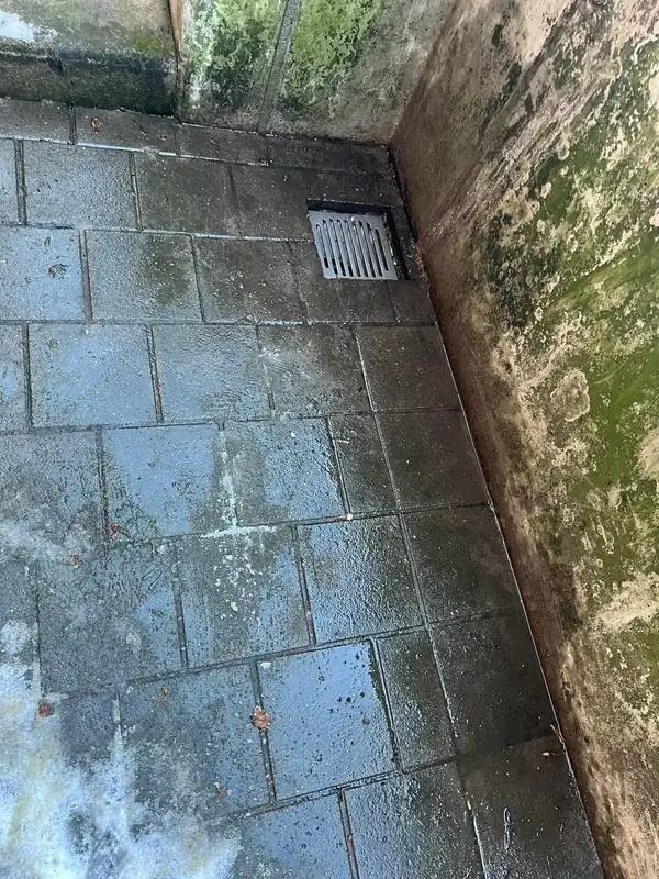 La même cour après intervention : l'eau s'est évacuée et l'avaloir est dégagé