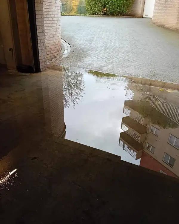 Eau stagnante devant l'entrée d'un immeuble à cause d'une évacuation bouchée