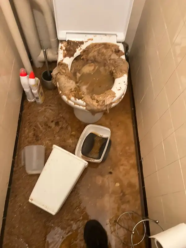 WC bouché ayant débordé : cuvette pleine et sol recouvert d'eaux usées